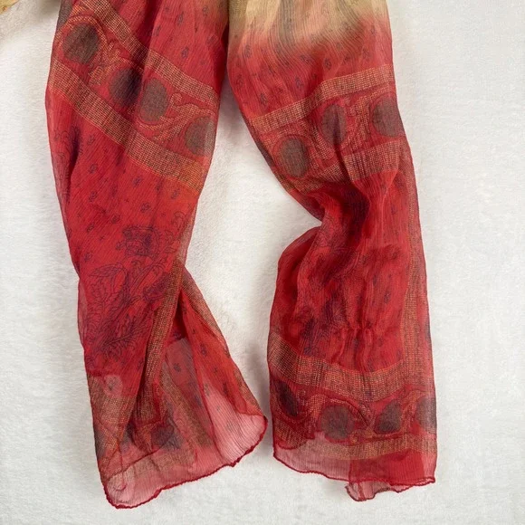 Sheer Boho Ombré Scarf Red Tan Lightweight Floral Block Print - Picture 2 of 5